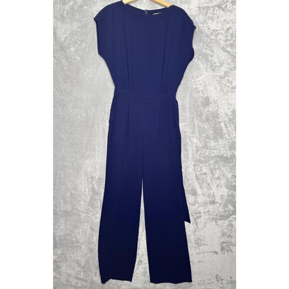 Diane von Furstenberg Jumpsuit Womens 2 Navy Sandra Tie Belt Wide Leg Pockets - Picture 2 of 15